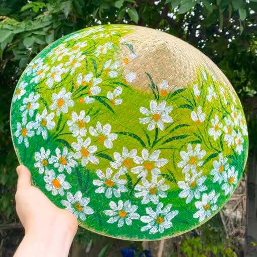 Nón cỏ bàng họa tiết hoa Cúc trắng