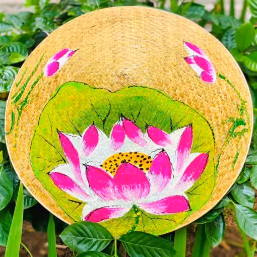 Nón cỏ bàng họa tiết Sen hồng