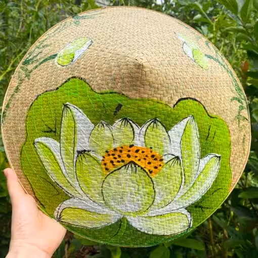 Nón cỏ bàng họa tiết Sen xanh