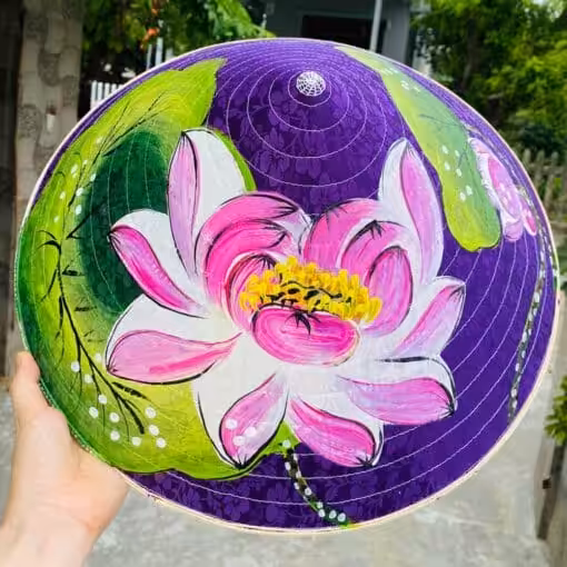 Nón lụa tím họa tiết Sen hồng