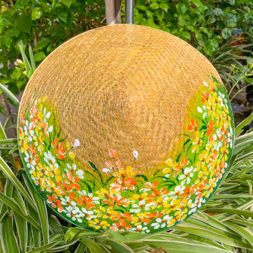 Nón cỏ bàng trơn vẽ tay sen tím khâu vành vàng