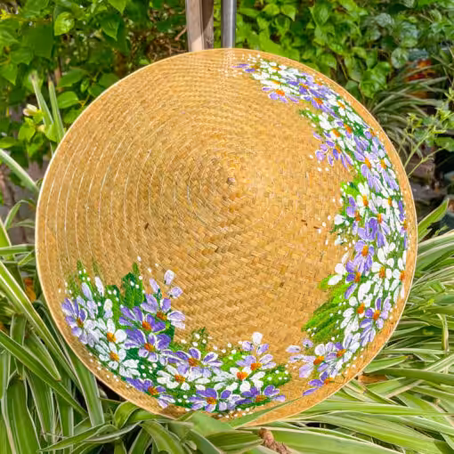Nón cỏ bàng trơn vẽ tay sen tím khâu vành vàng