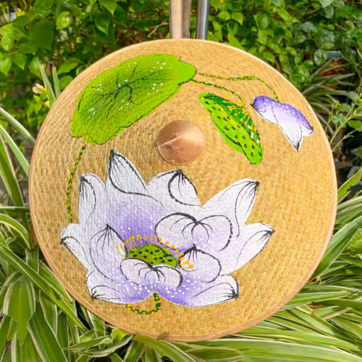 Nón cỏ bàng trơn vẽ tay sen tím khâu vành vàng