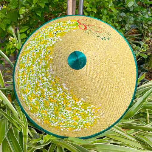 Nón cỏ bàng trơn vẽ tay sen tím khâu vành vàng