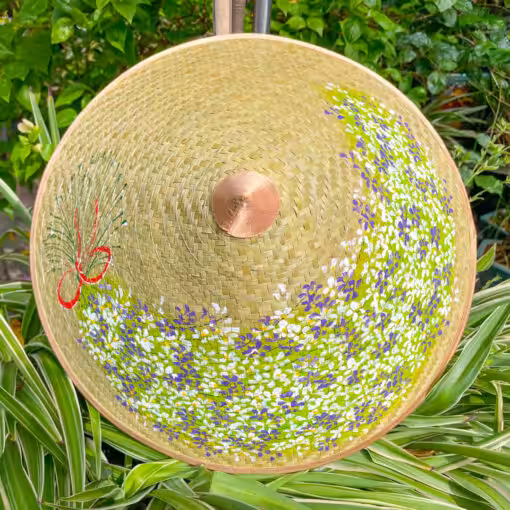 Nón cỏ bàng trơn vẽ tay sen tím khâu vành vàng