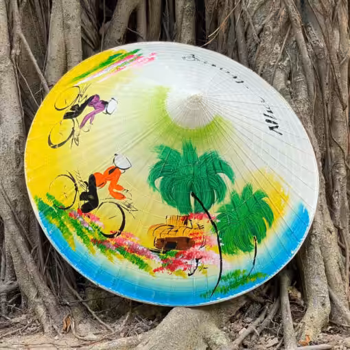 Nón lá huế họa tiết cô gái nền vàng vẽ tay
