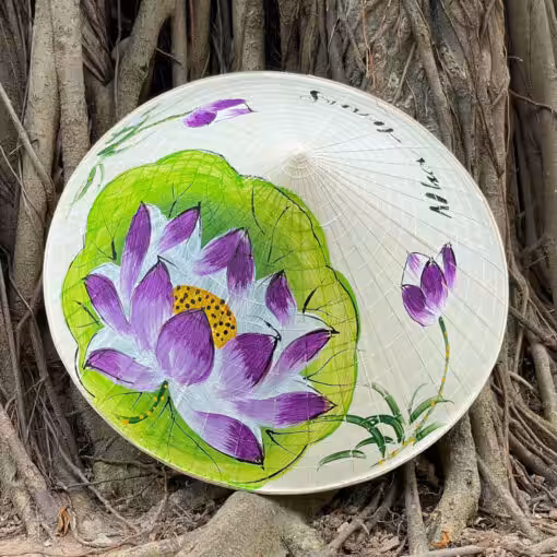 Nón lá huế họa tiết cô gái nền vàng vẽ tay