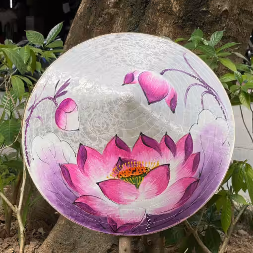 Nón lụa Huế tím họa tiết sen hồng rực rỡ