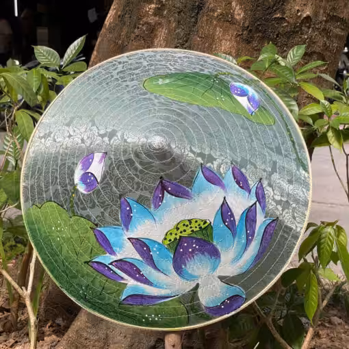 Nón lụa Huế tím họa tiết sen hồng rực rỡ